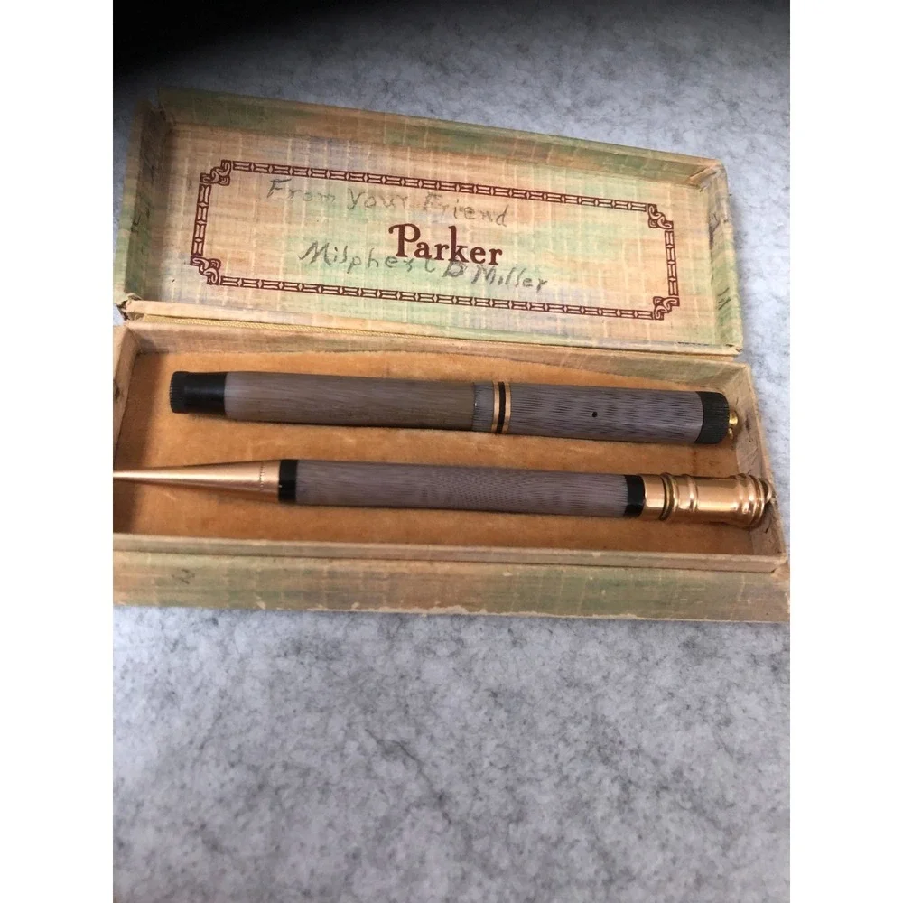 Vintage Parker Moire Lucky Curve Fountain Pen & Pencil Set Original Box PAT 1911